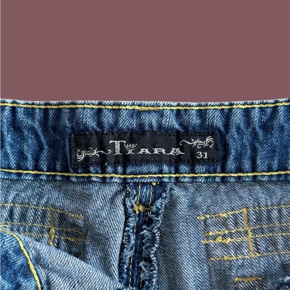 Tiara Women’s 31 Blue Jean Denim Skirt Y2K Fringe Raw Hem Pockets Accent Buttons - Picture 4 of 8